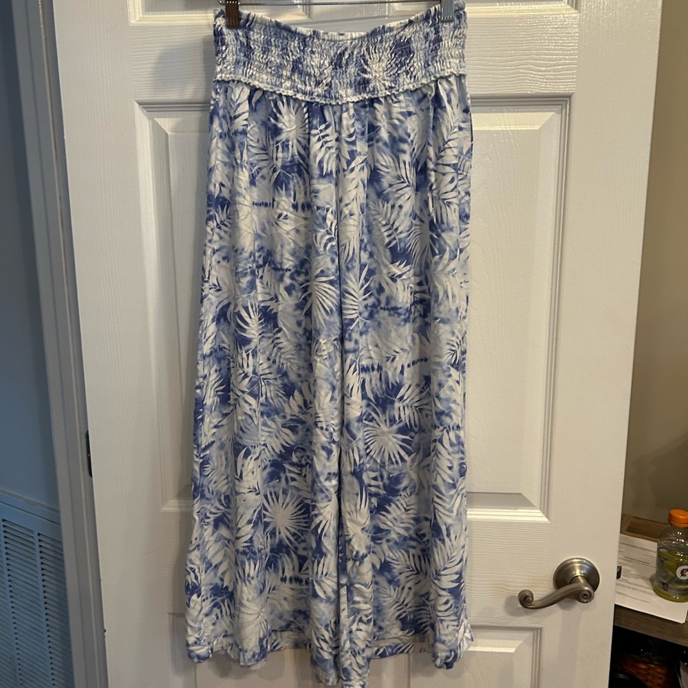 Ocean Drive Swim Coverup Pants Blue and White Wide Leg Elastic Waist Sz L